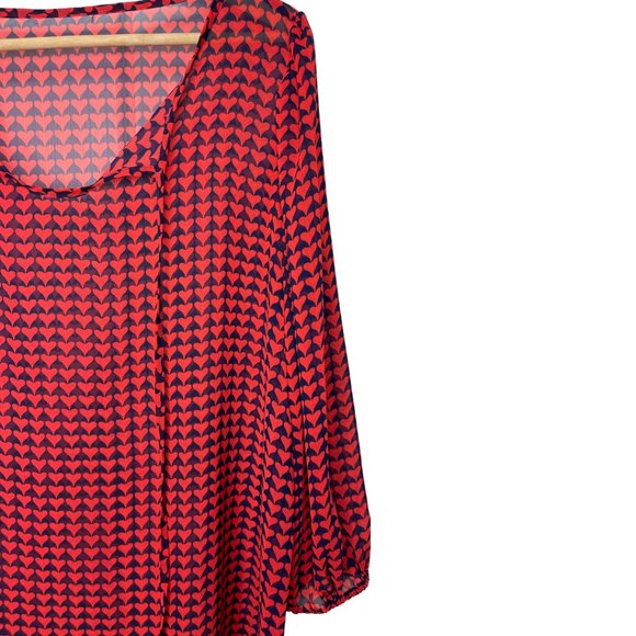 PLEIONE | Sheer Red and Blue Heart Print Blouse with 3/4 Sleeves | Size L - Picture 2 of 7